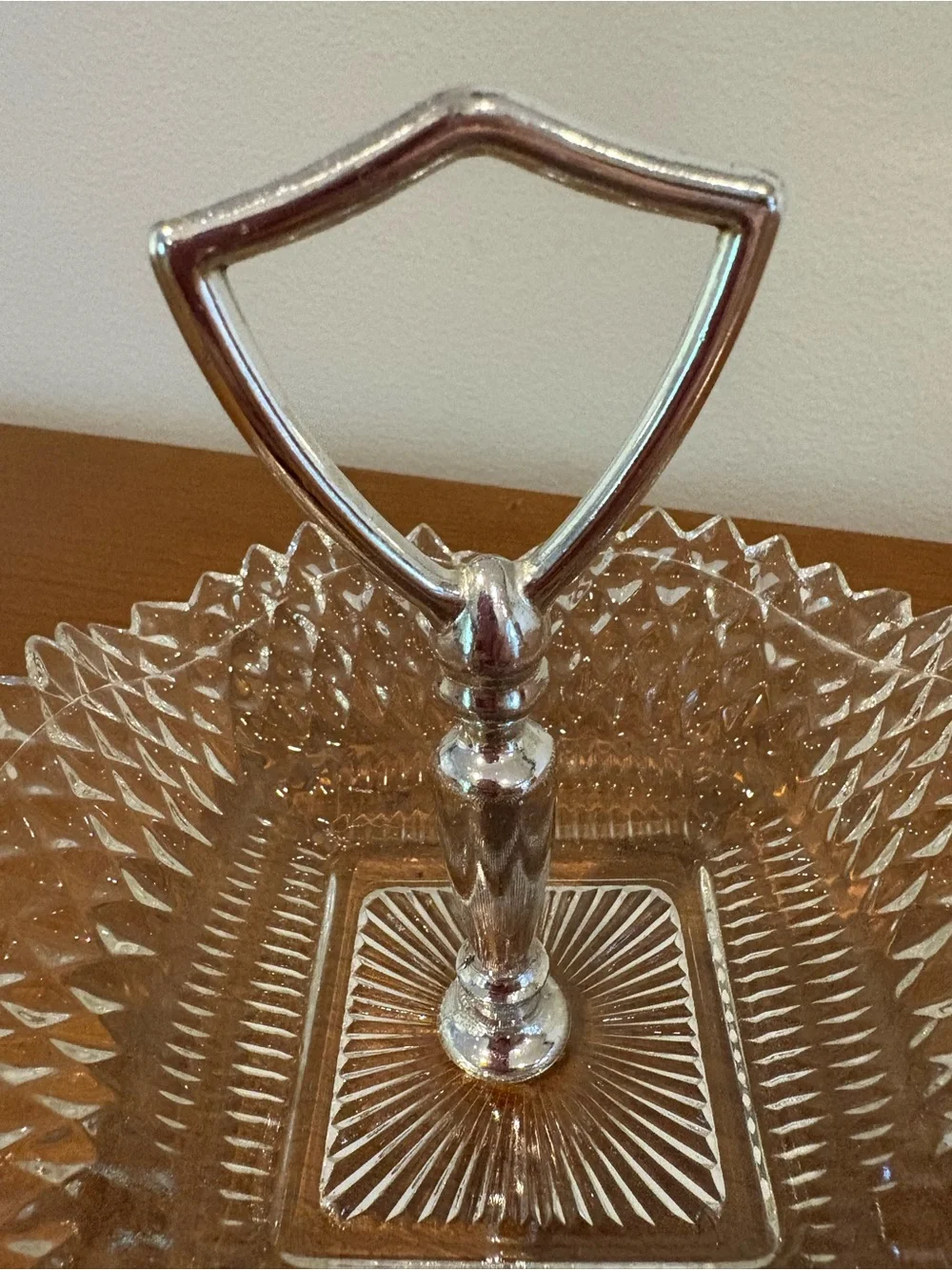 Vintage Glass Diamond Point Pressed Ruffle Edges Trinket Dish with Silver Handle
